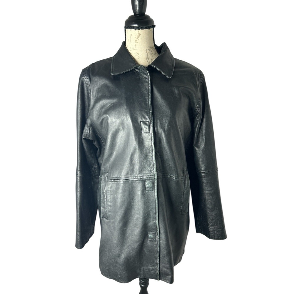 VTG JLC New York Black Leather Lined Black Faux Fur Button Front Coat Women's M